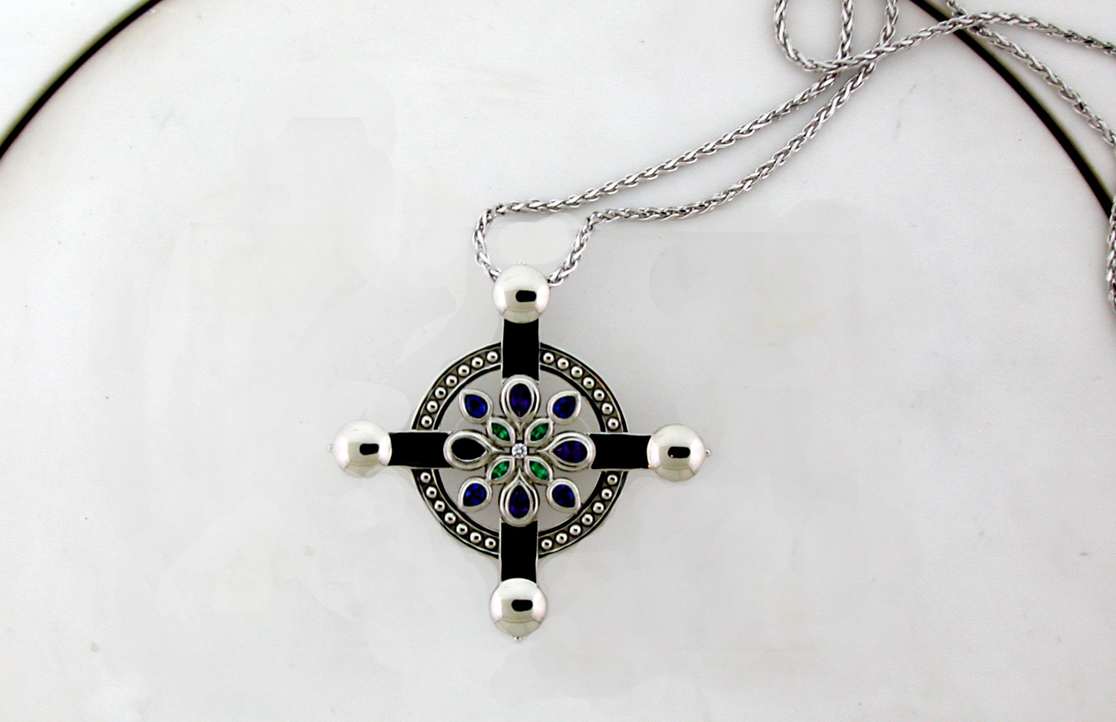 silver pendant cross flower gems