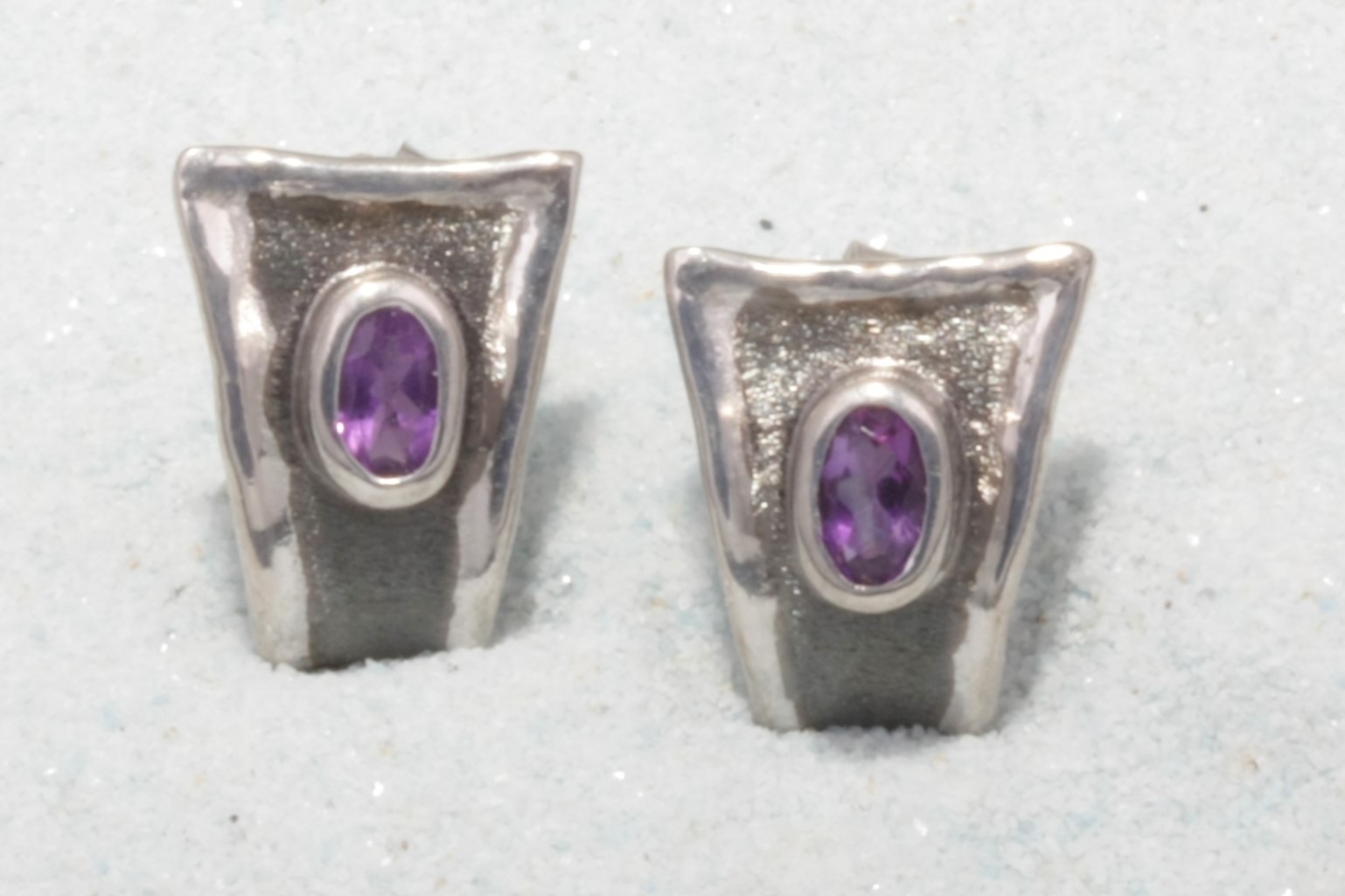 two tone silver earrings amythyst triangle