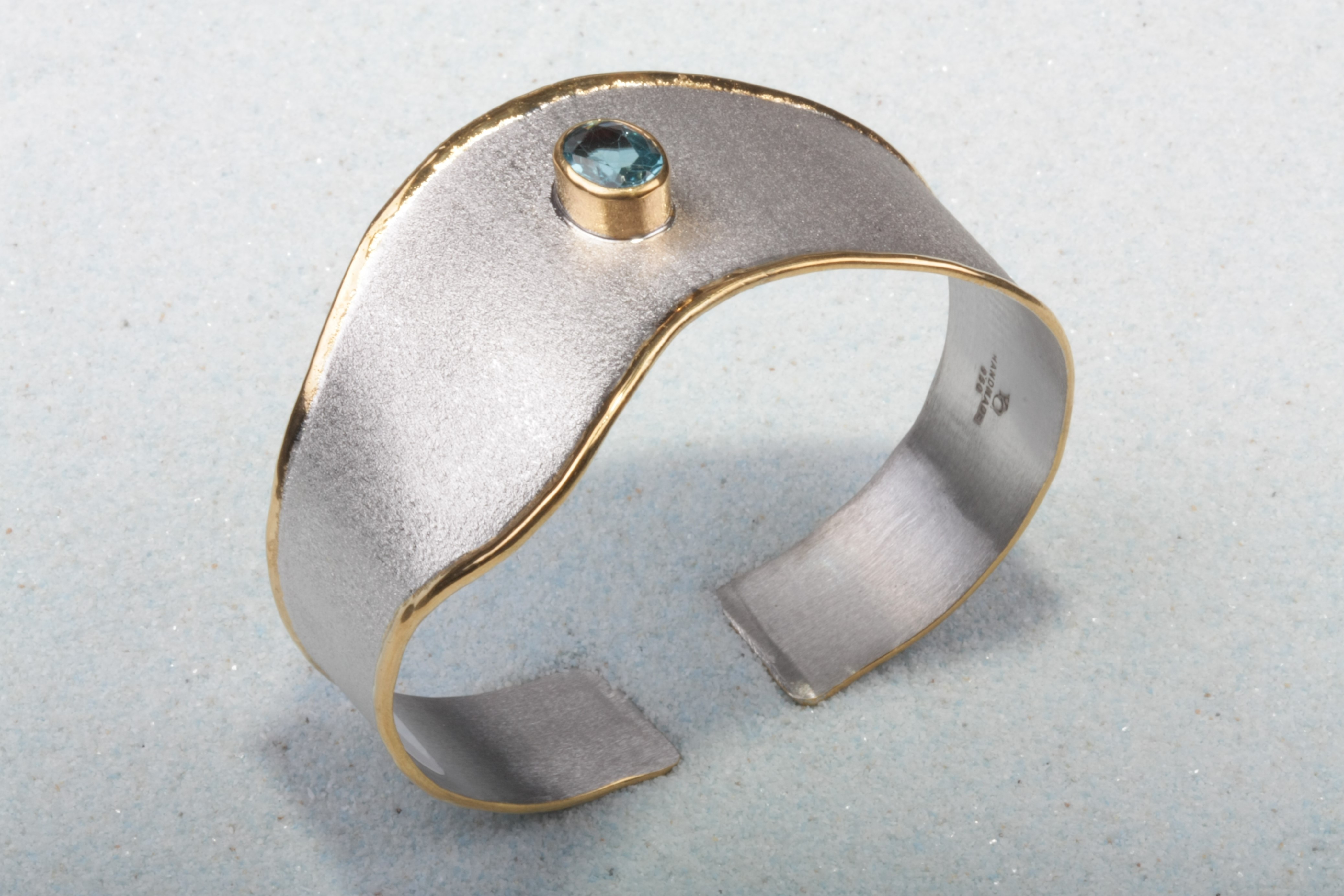 two tone wide silver bracelet blue tourmaline mg