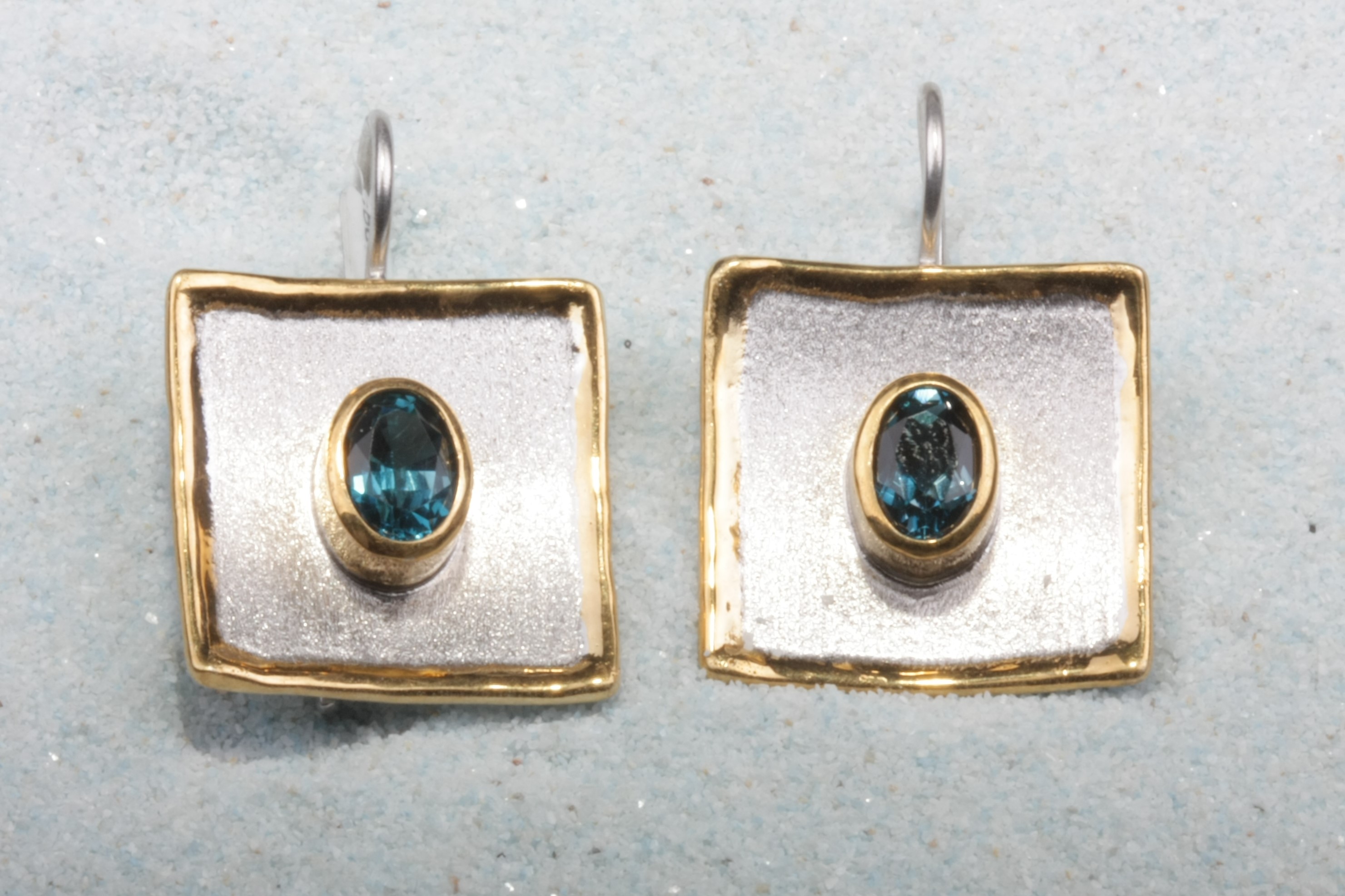 2tone silver earrings blue tourmaline square mg